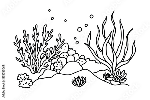 Underwater Scene with Coral Reef and Seaweed Illustration.