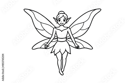 Outline Drawing of a Cute Fairy with Large Wings.