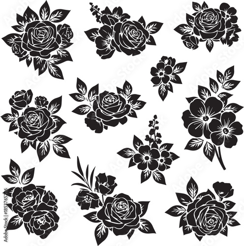 Floral Vector Silhouette Collection - Black and White Rose and Flower Arrangements for Wedding Decor, Tattoos, and Engraving