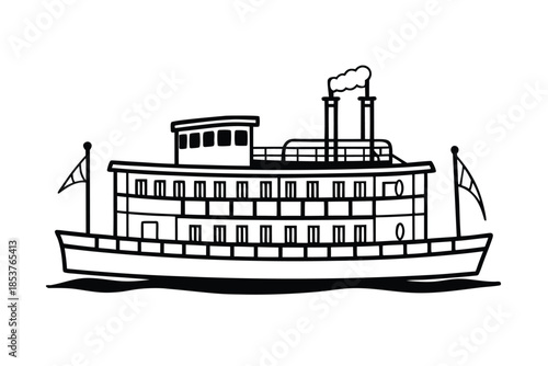 Illustration of a classic paddlewheel steamboat sailing on water.