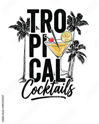 Stylish vector illustration of tropical cocktails surrounded by palm trees, ideal for advertising vacation vibes and summer promotions with a clean design