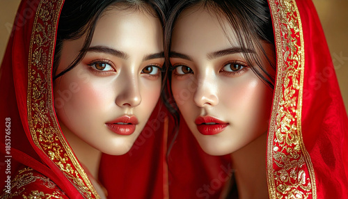 Ethereal Duo in Crimson Veils: Two exquisite figures, swathed in vibrant red veils adorned with intricate gold embroidery, exude an air of timeless elegance and cultural allure.