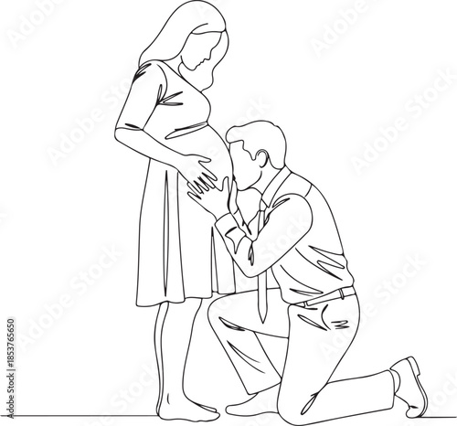 Pregnant woman and man kneeling down touching her belly touching belly expecting parents pregnancy announcement