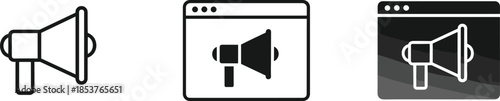 Vector Illustration of Megaphone Icons and Browser Windows Representing Digital Marketing Online Advertising Announcements and Social Media Promotion
