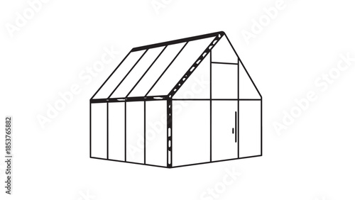 Line drawing of a glass greenhouse structure with pitched roof and glass panels for architectural study.