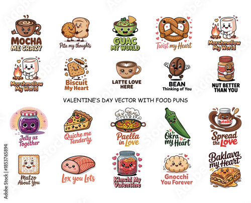Valentine food puns vector illustrations with cute characters and text Keywords: mocha, coffee