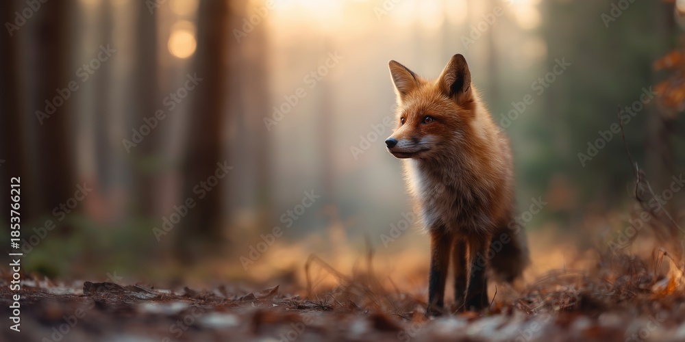 Obraz premium Fox walks through forest during sunset with soft light filtering through trees