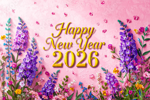 A Bright and joyful New Year 2026 illustration in soft pastel style of purplered Delphinium flowers with golden text Happy New Year 2026 on light pink background.