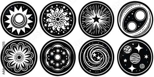 Set of black and white galaxy things and planet inside circles for web button symbols