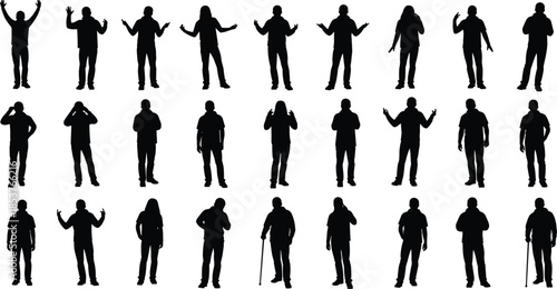 Standing human silhouettes, diverse poses, black and white illustration, gesture variety, posture study, minimal design, artistic grid, body language, reference art
