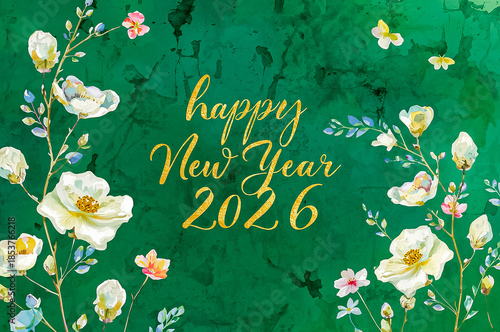 A bright water colol painting of White Cloud Dancer flowers and branches with text Happy New Year 2026 on deep green background.