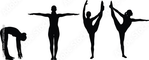 Yoga and Gymnastics Silhouettes Set with Women in Fitness Poses Stretching and Balancing Exercises Healthy Lifestyle Figures Vector Graphic Illustration (20 words)