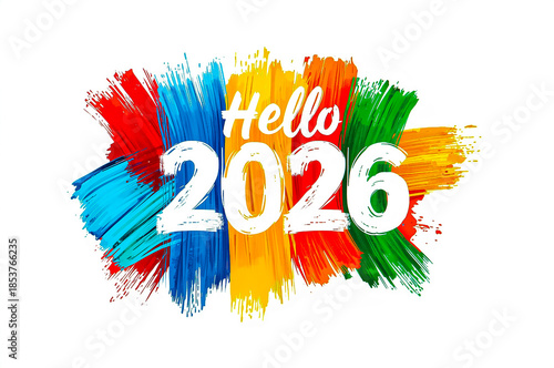 A central pastel painted brush stroke of colorful various colors with white text Hello 2026 on white background in New Year card.