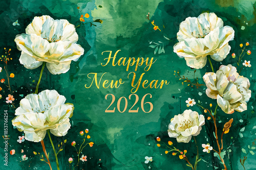 A Hand painted watercolor illustration for New Year 2026 with white Cloud Dancer flowers on green background.