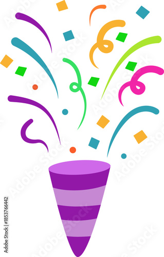 Party Popper icon. Festive collection of party popper icons with various fill patterns and exploding elements like stars, dots, and streamers. happy New Year 2026 vector icons collection.