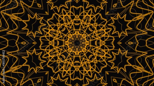Complex golden geometric mandala pattern on black background suitable for meditation apps, interior design, spiritual websites, and wellness products.