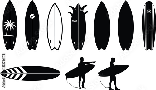 Surfboard silhouette set, surfing equipment designs, longboard shortboard shapes, surfer carrying board icons, black vector illustration collection, isolated, ocean, sport