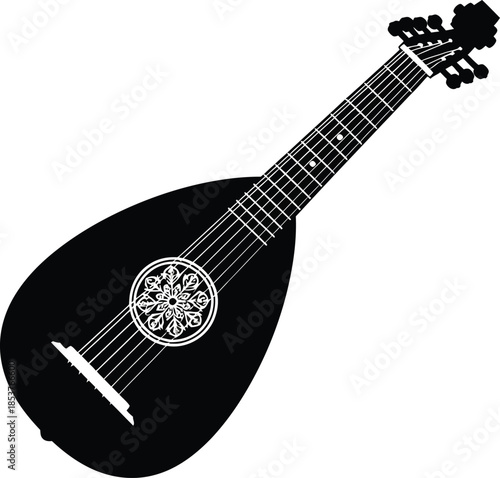 A black and white illustration depicting a classic renaissance lute instrument