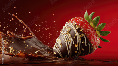 Strawberry dipped in dark chocolate with white drizzle and nuts splashing into melted pool