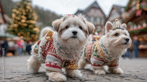 Wallpaper Mural Adorable Puppies in Festive Attire Strolling Through a Christmas Market Torontodigital.ca