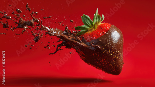  Flying strawberry wrapped in chocolate splash on red