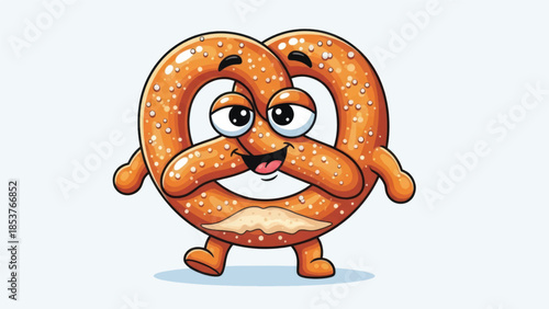 Cheerful animated pretzel character with arms raised and smiling.