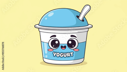 Playful blue yogurt cup with a smiling cartoon face and spoon, charming dairy dessert for kids.