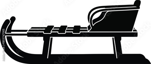 A simple black and white illustration of a classic wooden sleigh design