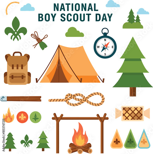 National Boy Scout Day camping icons with tent, compass, and trees