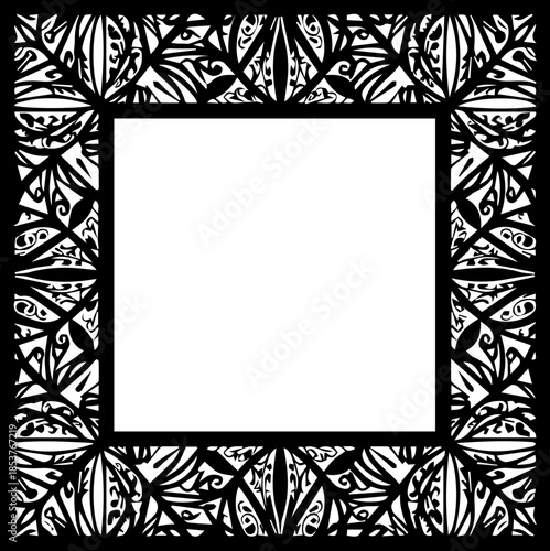 Elegant black and white floral frame design with intricate details perfect for invitations, announcements, or decorative projects, originally a scalable vector