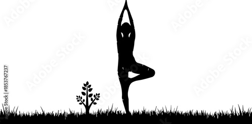 Serene Silhouette of Yoga Pose in Nature's Embrace, Black and White Harmony for Mindful Living, Health, Wellness, and Balance, Originally a Vector Graphic