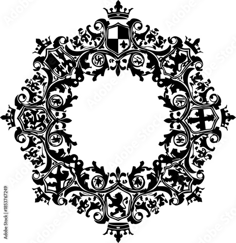 Elegant heraldic crest with ornate swirling flourishes, perfect for luxury branding, royal events, or sophisticated invitations. Timeless European design element