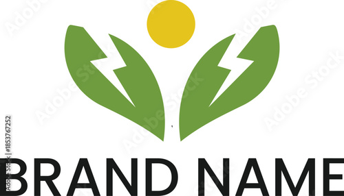 Green Energy Logo Concept with Solar Sun and Lightning Bolt Leaves for Sustainable Power