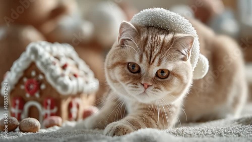 Wallpaper Mural Adorable Christmas Cat with Gingerbread House in a Cozy Festive Ambiance Torontodigital.ca