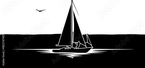 Sailboat gliding across the open ocean, freedom and adventure on the water, nautical escape, calm seas, simple black and white design, minimalist sailing
