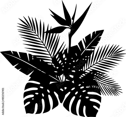 Stunning tropical leaf arrangement for modern designs and summer vibes, evokes paradise with exotic floral accents, originally a scalable vector graphic