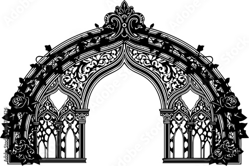 Elegant ornate gothic archway with floral accents, perfect for invitations, book covers, and creative design projects. Scalable vector for versatile use