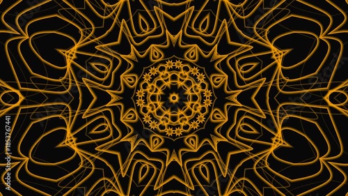 Black background with an ornate yellow geometric design pattern suitable for background, wallpaper, graphic design, interior decoration, and textile print.