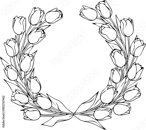 Elegant tulip wreath illustration for invitations and spring designs, graceful floral arrangement for wedding decor, scalable vector art for custom projects