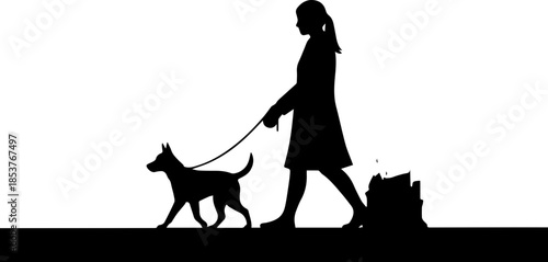 Stylish silhouette of a woman walking her dog, capturing the simple joy of pet ownership and urban lifestyle, perfect for branding and designs