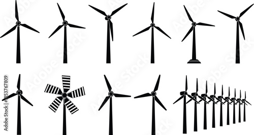 Wind turbine silhouettes collection, renewable energy icons set, clean vector illustration, sustainable power generation concept, alternative electricity symbols