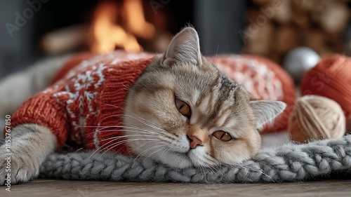 Wallpaper Mural Cozy Cat in Christmas Sweater by Warm Fireplace Torontodigital.ca