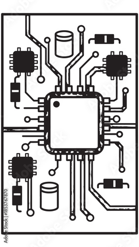 Intricate silicon circuit board with microchip and surrounding components showing complex circuitry and connections.