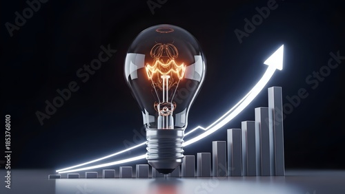 Business growth and successful innovation strategy. Financial progress and creative solutions. Glowing lightbulb with rising bar graph and arrow on dark background