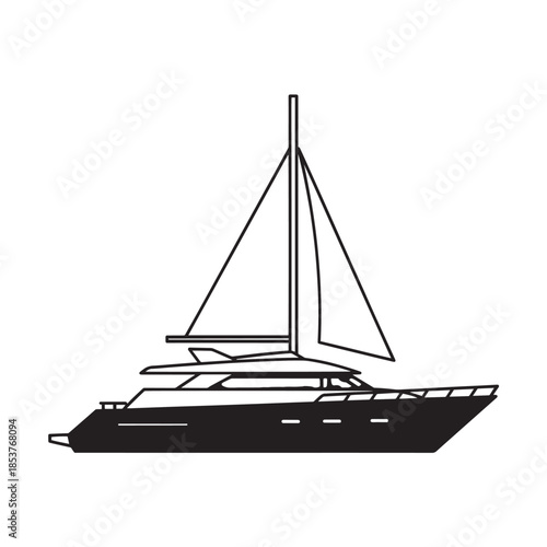Silhouette of a sleek yacht cruising on calm water with a distant horizon and clear sky.