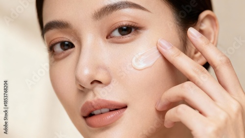 Young adult Asian woman applying hydrating cosmetic cream directly onto her flawless cheek skin with her index finger.
