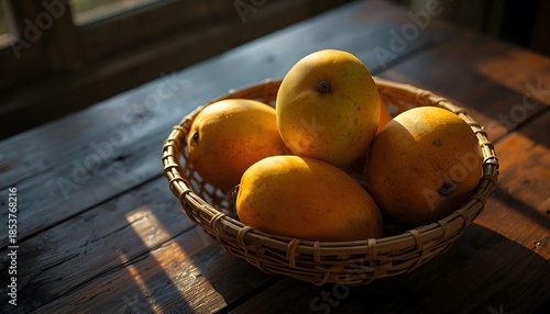 Organic Mangoes in Hand-Woven Rattan Basket on Rustic Wooden Table