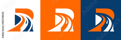 Letter R with road logo, road icon, highway, lane icon, logo design in three colors vector