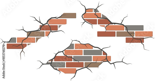 Brick Wall with Cracks Vector Illustration of Damaged Brickwork