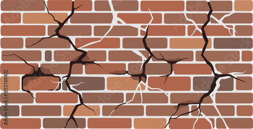 Close-up of a damaged brick wall with cracks, showing texture and deterioration